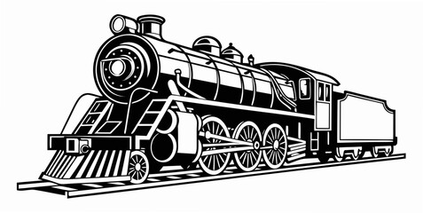 Black and white vector illustration of a vintage steam locomotive train on tracks isolated on white background with steam engine locomotive transportation railroad illustration silhouette © Roton