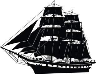 Black and White Illustration of a Classic Tall Ship with Sails for Nautical, Maritime, and Sailing Design Projects © NURUL