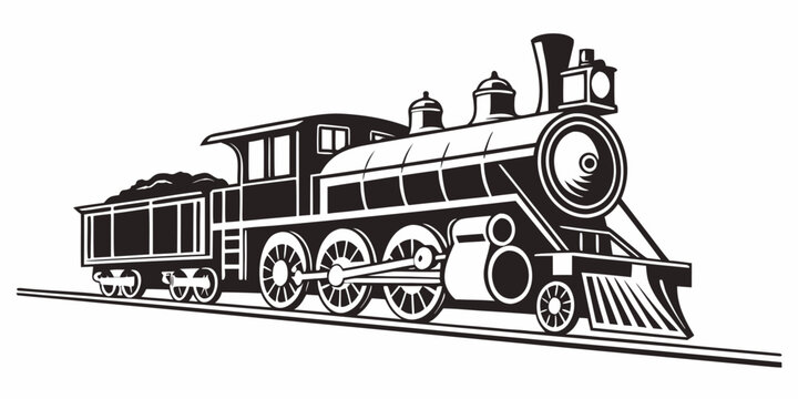 Classic steam locomotive train silhouette icon for transportation and travel concept with black and white old fashioned public transport iron horse train engine smoke stack railway engine