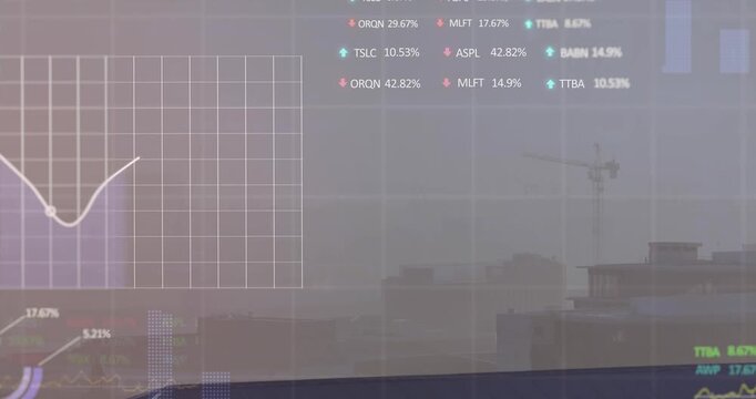 Animation of statistical and stock market data processing against aerial view of cityscape