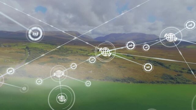 Animation of connected icons over aerial view of river and green field against mountains and sky
