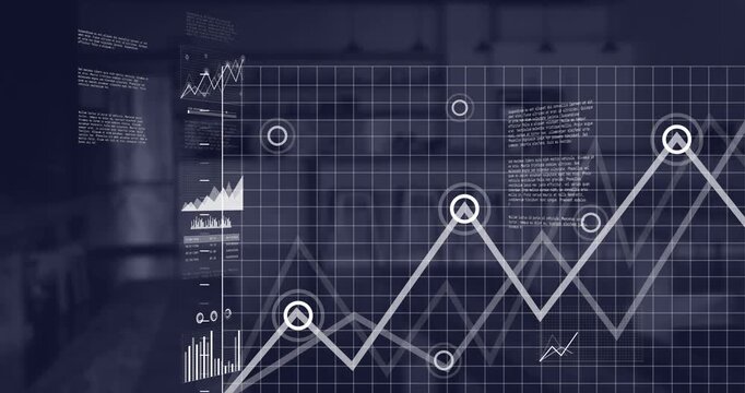 Animation of multiple graphs and computer language over defocused cafes interior
