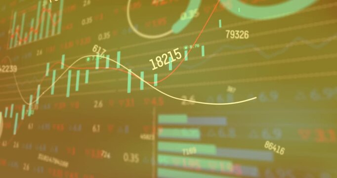Animation of changing numbers with multiple graphs and trading boars over black background