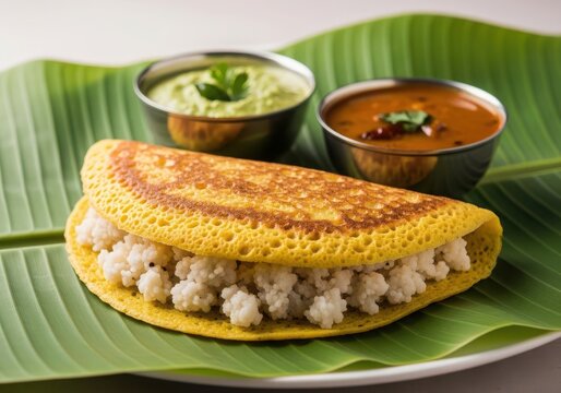 South indian breakfast dish pesarattu with upma served on banana leaf