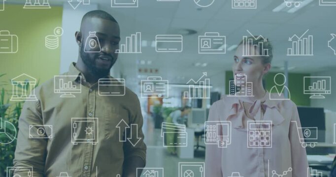 Animation of multiple icons over diverse coworkers discussing while walking in office