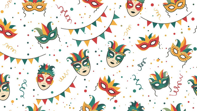 Festive carnival seamless pattern background with colorful masquerade masks flags confetti and streamers for party and holiday celebration.