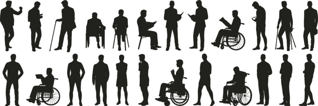 Collection of diverse people silhouettes including individuals with disabilities on a white background Keywords: silhouette, people