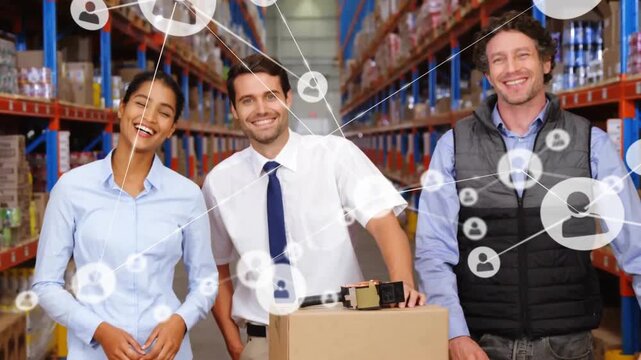 Animation of network of connections with icons over diverse people working in warehouse