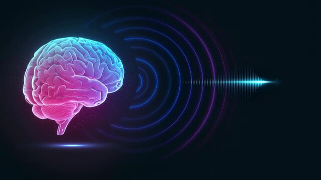 Glowing human brain with neural signal frequency. Medical diagnostic scanning process. Digital neurology research interface for neurological data analysis concept.
