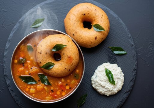 Traditional south indian breakfast medu vada served with sambar and chutney