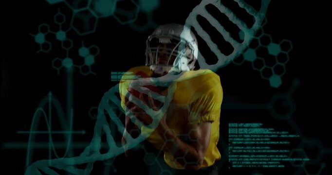 Football player in yellow jersey with DNA strand and data overlay animation