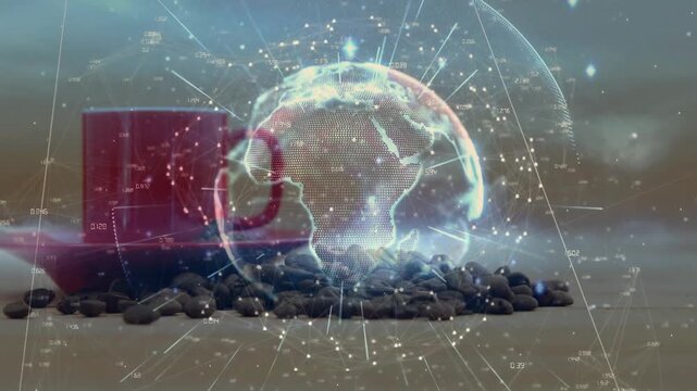 Holographic globe hovering above coffee beans before red cup, showing glowing data network