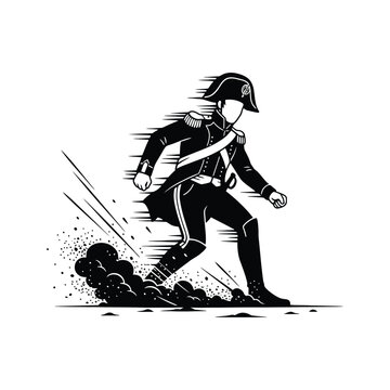 A determined military officer charging into battle amidst smoke and chaos