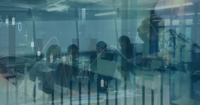 Team seating and spreading charts in session watching animated financial graphs shifting for review