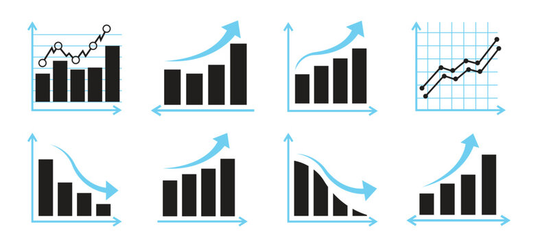 Business growth bar chart and financial market trend analysis icons for success and loss analytics presentation.  vector illustration.