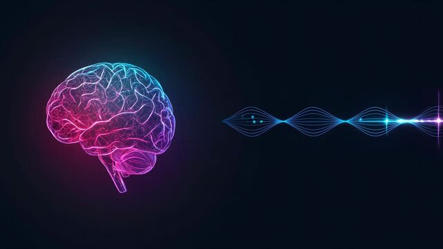 Glowing digital brain model generating fluctuating signal waves. Cybernetic mind analysis and neural impulse interface. Neurology scientific technology concept.