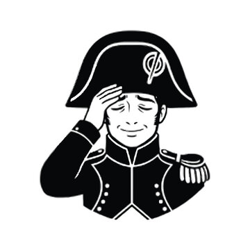 Napoleonic officer saluting with a relaxed expression and bicorne hat