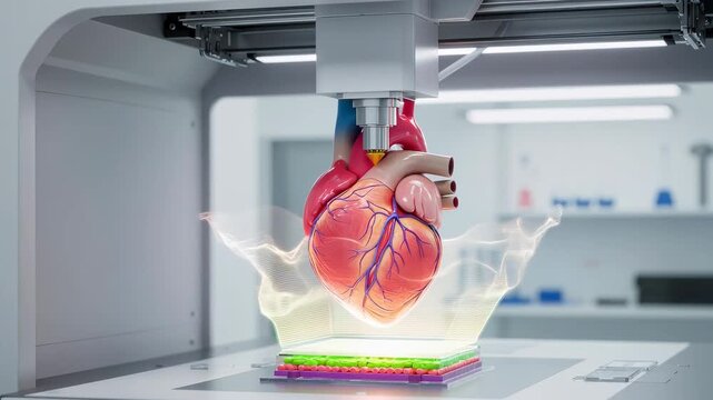 Bioprinter creating life-sized human heart model. Medical device manufacturing anatomical organ for clinical research. Advanced bioengineering technology process.