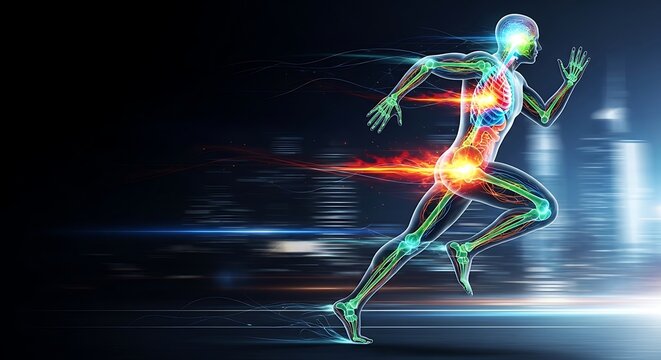 Runner with glowing skeleton and muscles in motion