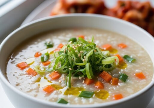 Bowl of korean rice porridge juk with carrots, green onions, and sesame