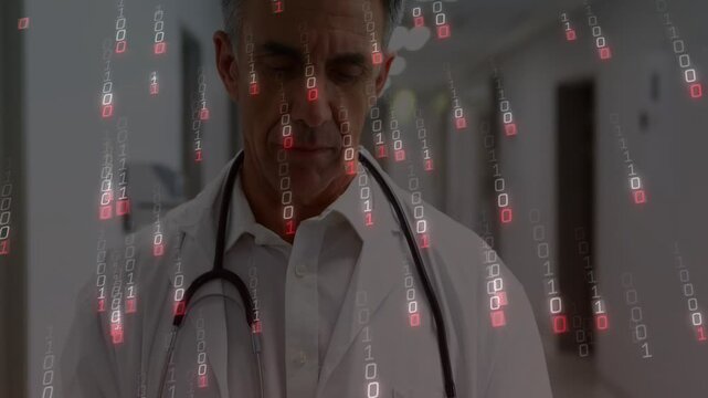Doctor tapping tablet and causing binary overlay to fall, viewing medical data, smiling in corridor