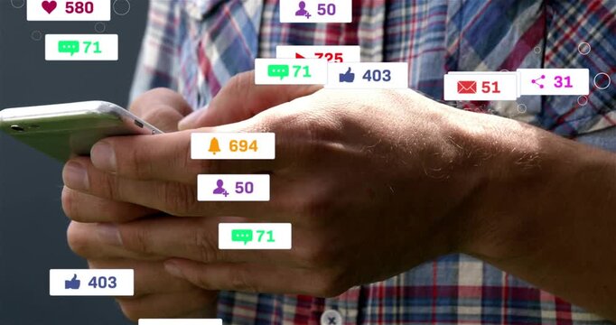 Man holding phone tapping and swiping causing marketing badges rising around hands showing growth