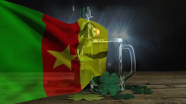 Playback starting tricolor flag waving over tabletop, overlaying glassware, tinting clovers for ads