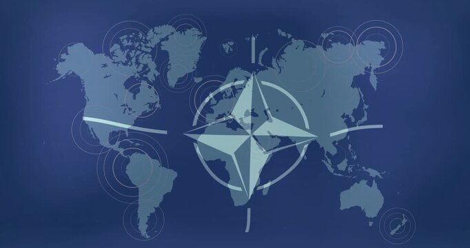 Animation starting with compass-rose rotating and ripples expanding across world map, showing tech