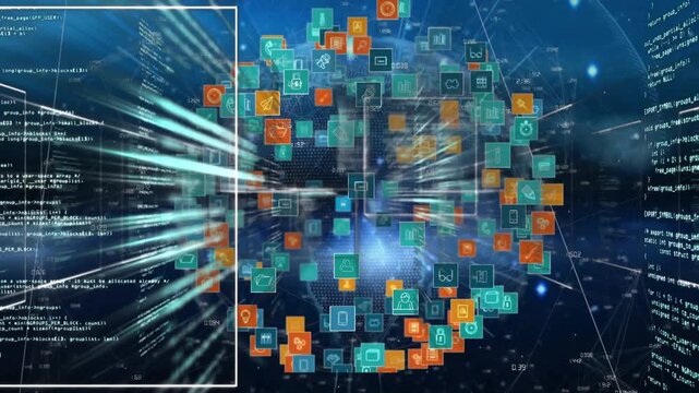 Icon sphere rotating and pulsing in data space, scan frame sliding and pulling tiles for analytics
