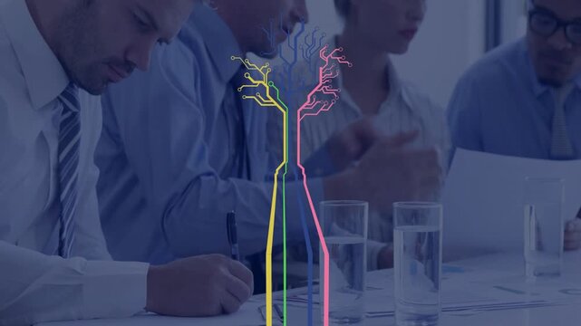 Business team of four sitting at table, neon lines arising, morphing into circuit tree noting plan