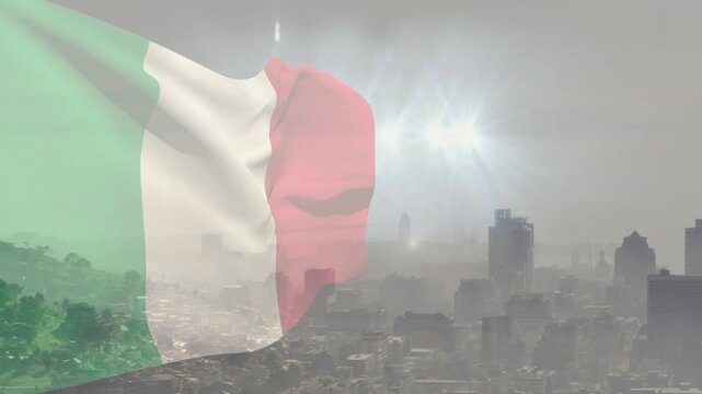 Wind gusting, sheer tricolor flag fluttering over hazy skyline, branding graphic revealing towers