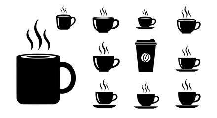 Fototapeta premium Cup coffee set with various styles and steam rising icons featuring hot, beverage, drink with black and white elements for icon, illustration