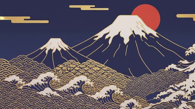 Japanese wave and mountain landscape art.