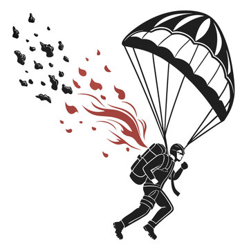 A stylized illustration depicts a skydiver descending with a parachute amidst falling debris and fiery red trails high quality professional detailed modern