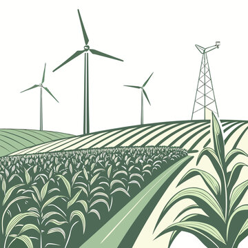 A stylized illustration depicts a rural landscape featuring rolling green hills a cornfield and several wind turbines generating clean energy high quality