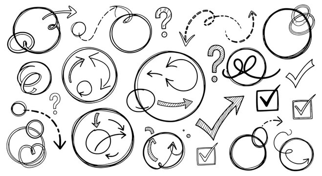 Arrows hand drawn set with black curved lines, circular motion, and checkmarks for business concepts and infographics.
