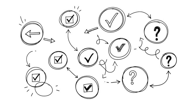 Checkmarks and question marks hand drawn set with arrows and circular symbols featuring icons, signs, checklist with decision making and