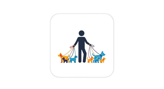 Person walking multiple colorful dogs.