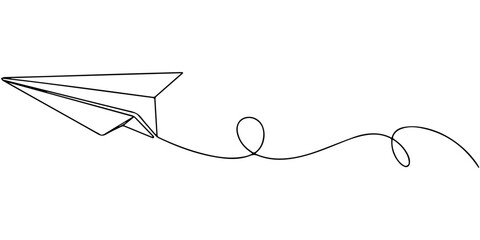 Paper plane flying continuous one line drawing, Paper plane flying continuous one line drawing, Flying paper plane continuous one line drawing minimalist origami travel vector illustration © Line sA