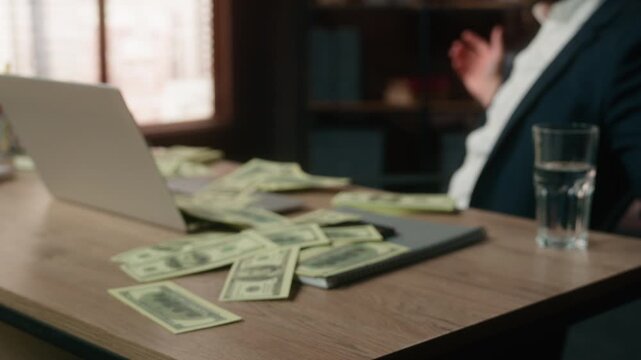 Joyful Caucasian middle-aged adult 40s business man throwing cash businessman throw dollars yelling happy yell positive working having fun with money rain flying banknotes male work triumph in office