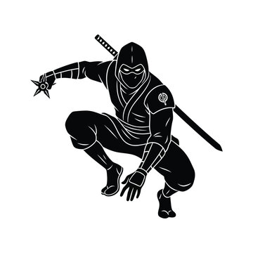 Ninja warrior poised in dynamic crouching combat stance with shuriken and katana