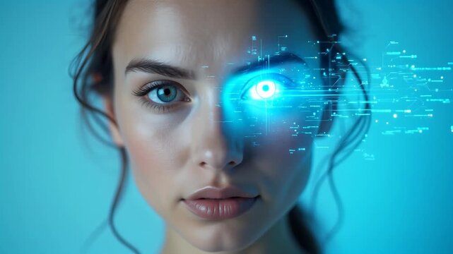Woman with glowing digital eye interface. Cybernetic medical implant scanning data for health diagnosis. Futuristic biotechnology for bionic ocular enhancement.