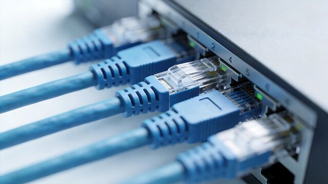 Closeup of network cables connected to a switch