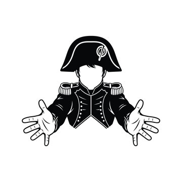 Cartoon depiction of a historical military figure in a bicorne hat with outstretched arms