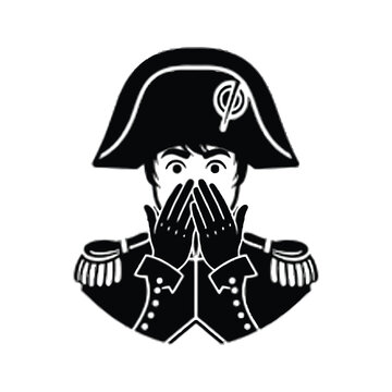 Historical military figure with exaggerated hand gesture and bicorne hat