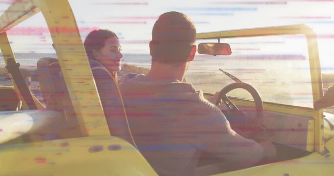 Driver steering as passenger speaking, rising to surfboard preparing to surf with travel scanlines