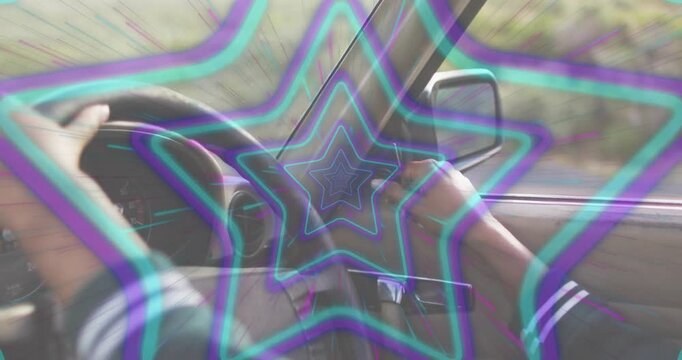 Woman driving rural rd motion causing steering for control, star pulsing wheel aligning hands, auto