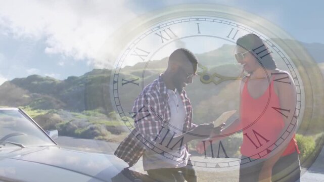 Couple planning route studying map after parking car at overlook, clock overlay marking travel time