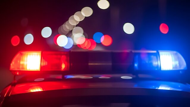 Police car lights flashing red blue siren on roof at night