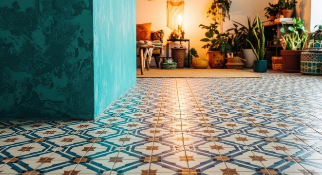 Ornate Teal and Gold Geometric Patterned Floor Tiles in a Warm Interior Corner